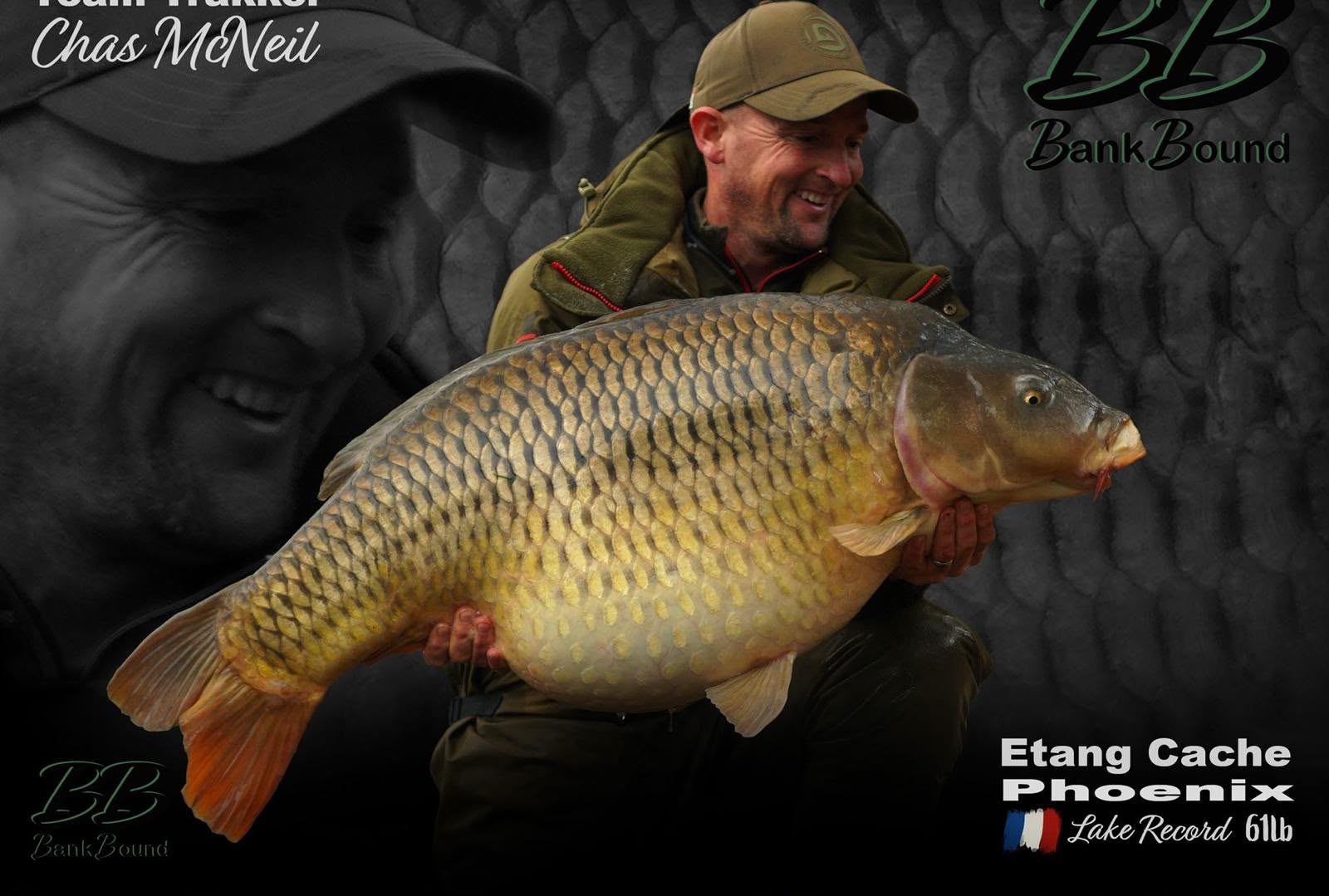 Chas McNeil holding a 61lb common carp, the lake record at Etang Cache Phoenix in France